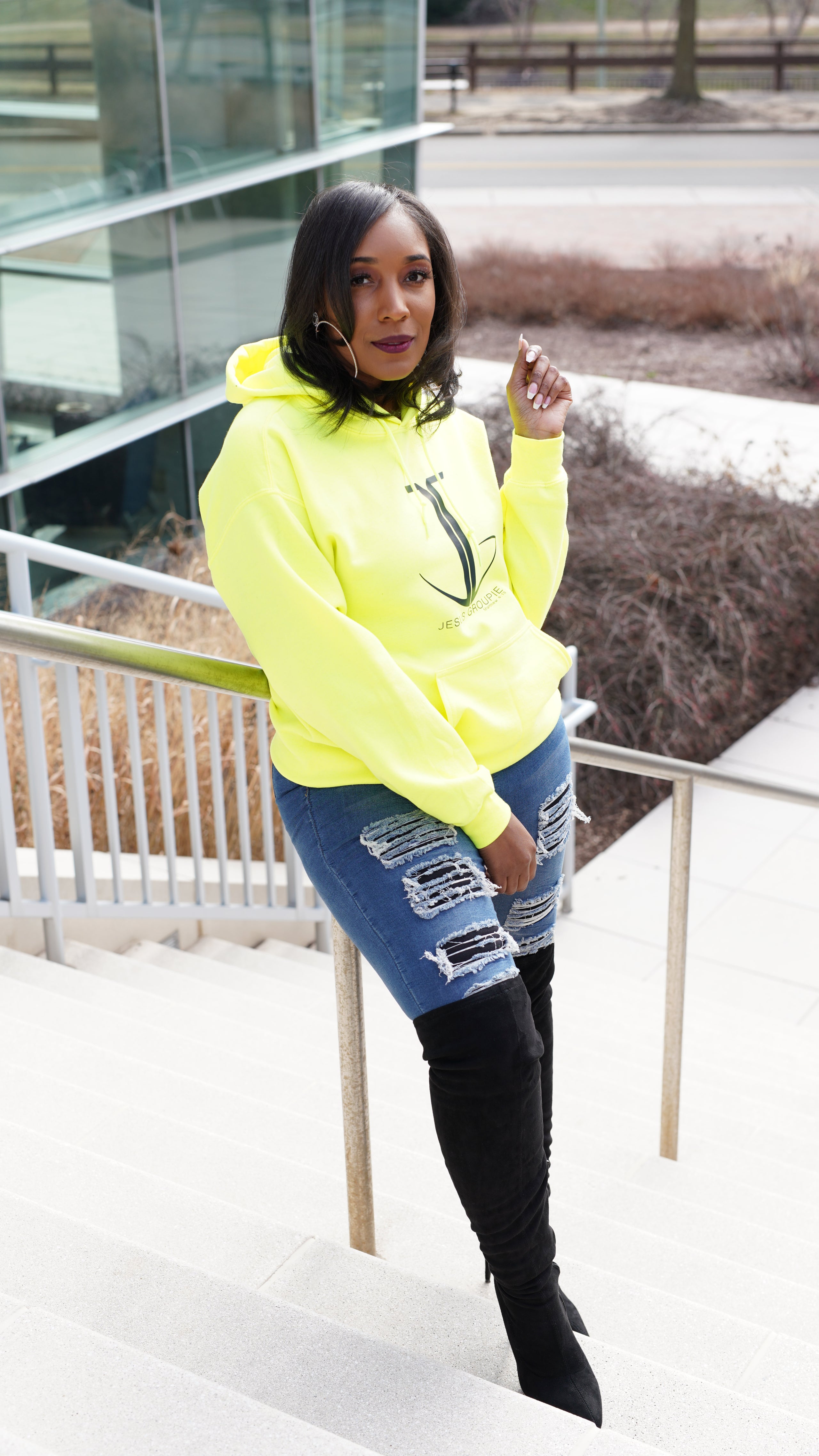Yellow hoodie sales black jeans